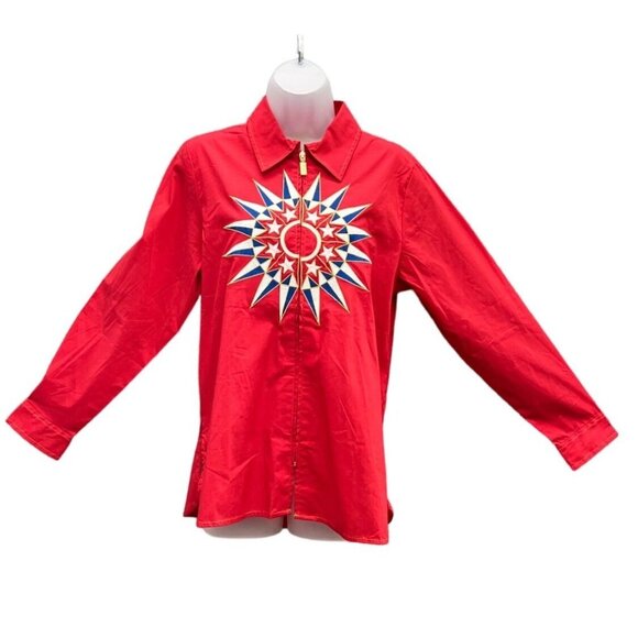 NWT Bob Mackie Wearable Art Red Embroidered Starburst Jacket Womens Small Tunic - Picture 1 of 16